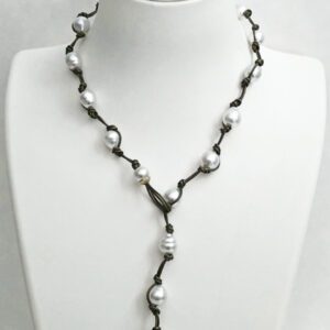 White South Sea Pearls Knotted on Leather, White South Sea Pearl Drop with an 18kt Yellow Gold Cap Necklace/Bracelet