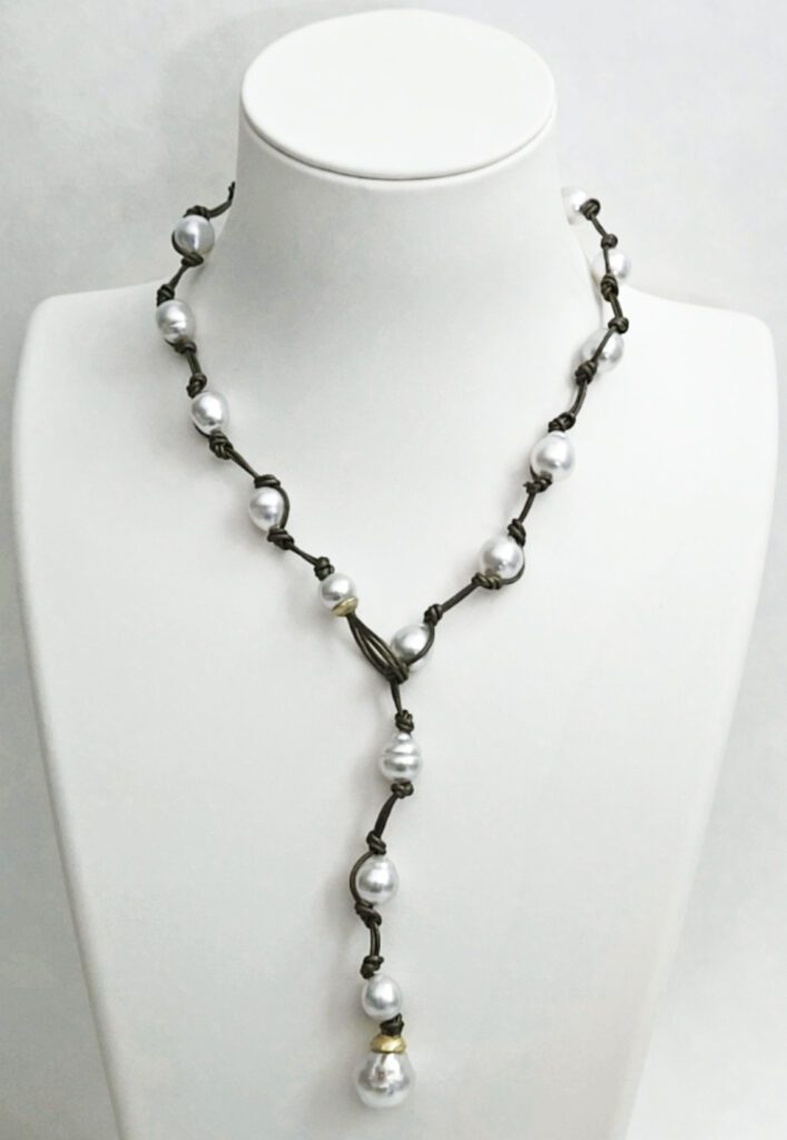 White South Sea Pearls Knotted on Leather, White South Sea Pearl Drop with an 18kt Yellow Gold Cap Necklace/Bracelet