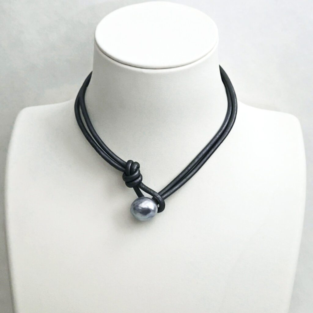 Baroque Silver/Blue Tahitian Pearl on Blue Italian Leather Bracelet/Choker