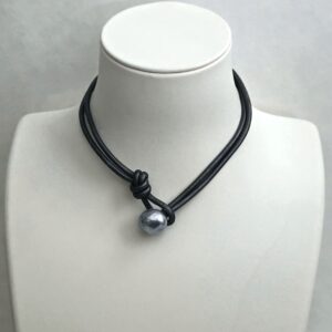 Baroque Silver/Blue Tahitian Pearl on Blue Italian Leather Bracelet/Choker