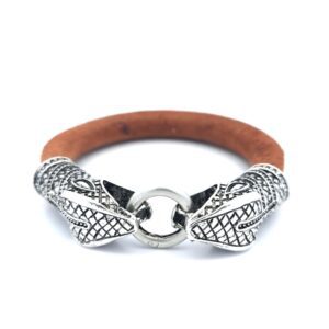 6.75" Stainless Steel Snake Heads, Brown Suede, Sterling Silver Clasp Bracelet