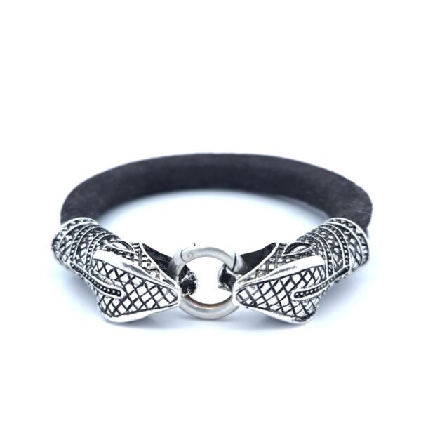 Stainless Steel Snake Heads, Black Suede & Sterling Silver Clasp Bracelet