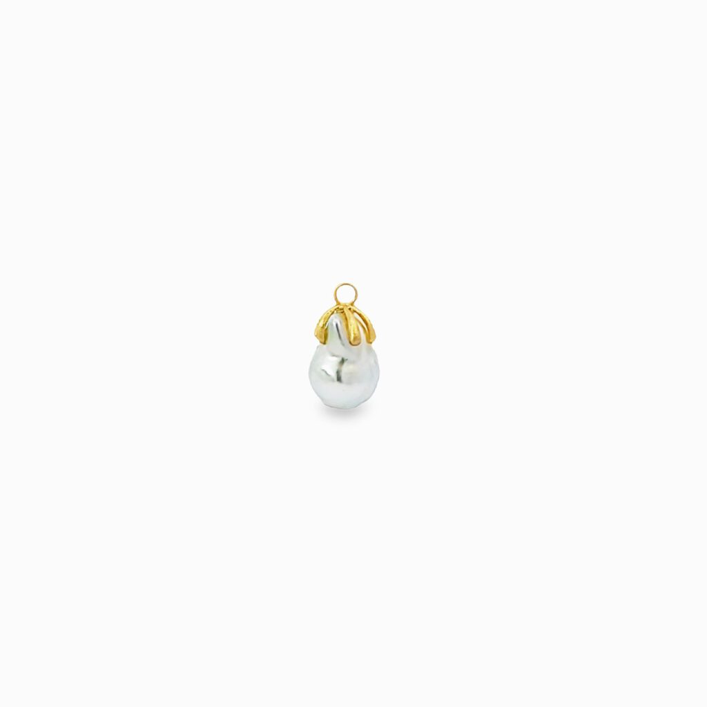 14mmx19mm Baroque White South Sea Pearl, 18kt Yellow Gold Brushed Finish Cap with an 18kt Yellow Gold Enhancer